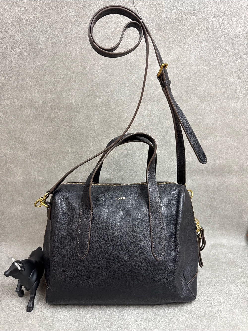 Fossil deep Dark Brown Leather Satchel with Gold Hardware